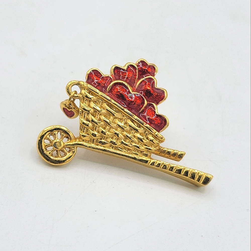 Avon Garden of Love Wheelbarrow Brooch Gold tone Red Enamel Hearts Vintage 90s